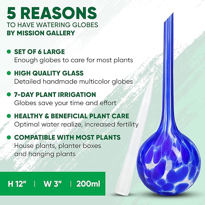Plant Watering Globes Set of 6 – Large Glass Bulbs (up to 7 Days of Watering) for Indoor & Outdoor Plants – Multicolor - Self-Watering