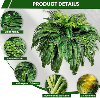 Artificial Boston Ferns for Outdoors & Indoors, 38" Large Fake Ferns with 88 Fronds, Looks Real Faux Fern Greenery for Decorating Living Room Porch Garden Home Office Decor