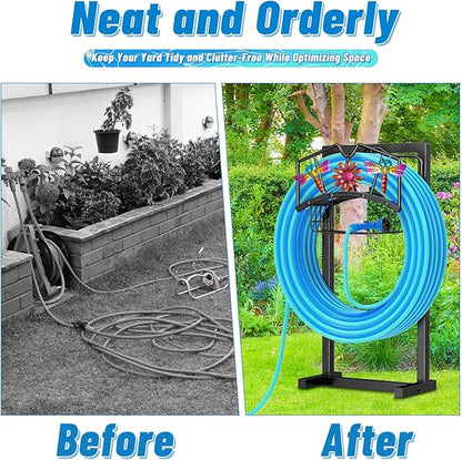 Garden Hose Holder, Freestanding Water Hose Holder with Storage Basket, Heavy Duty Metal Hose Reels Hanger Stand Organizer with 4 Spikes for Outside Yard Lawn Black