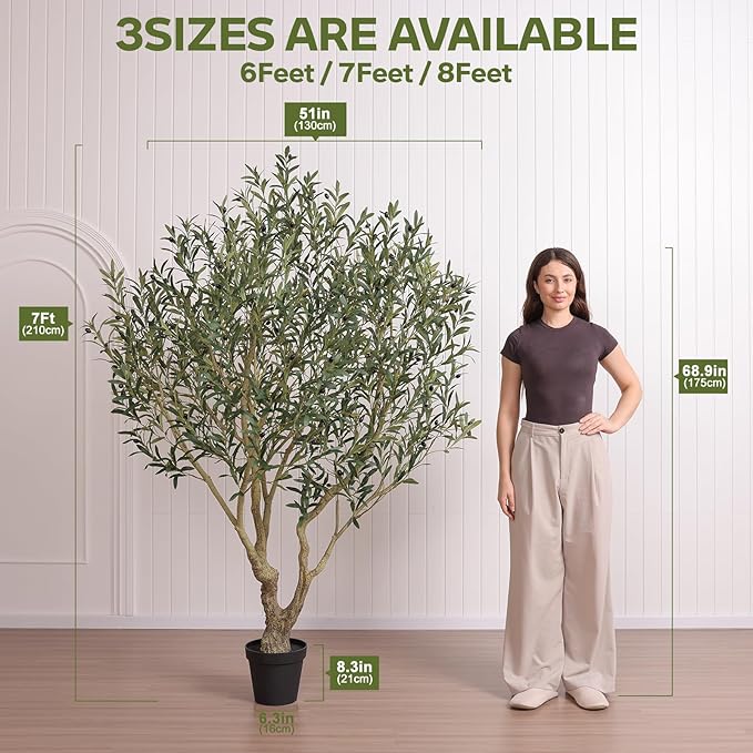 Olive Tree Artificial Indoor 7ft - UV Resistant Large Fake Plants - Realistic Faux Olive Tree in Pot - Tall Artificial Plants Outdoor for Home, Patio, Living Room, Office Decor,VN138