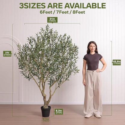 Olive Tree Artificial Indoor 7ft - UV Resistant Large Fake Plants - Realistic Faux Olive Tree in Pot - Tall Artificial Plants Outdoor for Home, Patio, Living Room, Office Decor,VN138
