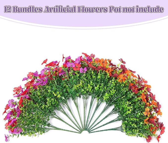Artificial Fake Mums Flowers for Outdoor Fall Decor,12 Bundles Faux Flowers Plants Silk Daisy for Planter Pot Colorful UV Resistant Look Real for Front Door Porch Patio Outside Yard