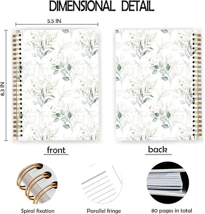 Green Floral Notebook, Eucalyptus Leaves Botanical Spiral Notebook 5.5x8.3, Aesthetic Journal for Women, Green Office Supplies, Flowers Floral Spiral Journal