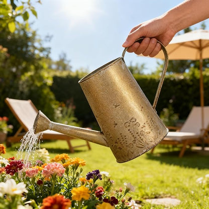 Vintage Metal Watering Can with Floral Embossed Design Garden Distressed Gold Decorative Watering Pot Planter Farmhouse Waterer for Home Indoor Outdoor Garden Balcony Courtyard