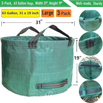 Professional 3-Pack 63 Gallon Lawn Garden Bags Large (D31,H19 inch) Yard Waste Bags W/Gardening Gloves,Standable,Reusable Leaf Bag,Lawn Debris Bin,Garden Trash Container,Plant Trimmings Bag 4 Handles