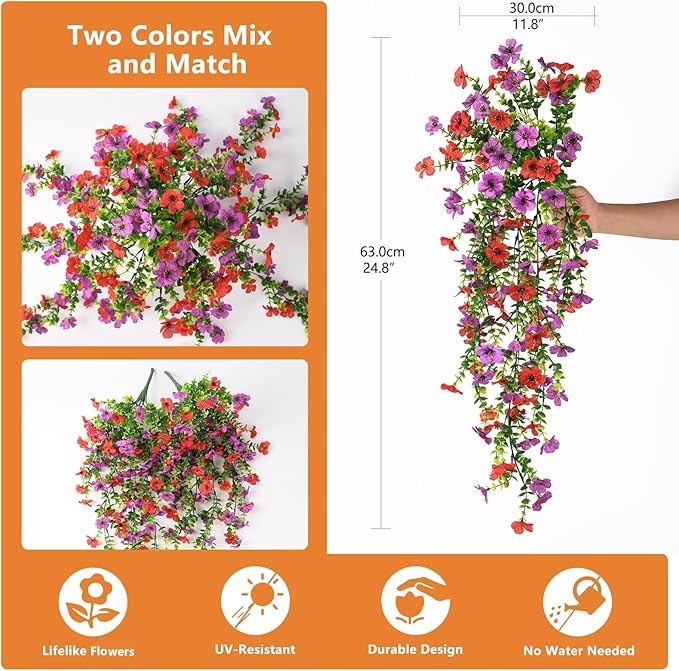 Fake Artificial Hanging Flowers for Outdoors, 2 Pcs Fake Hanging Plant Spring Summer Decor, UV Resistant No Fade Faux Silk Daisy Flower for Front Door Porch Planter Patio Yard Garden(Red Purple)