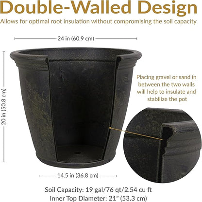 Sunnydaze 24-Inch Anjelica Large Plastic Pot for Plants - Double-Walled Outdoor Polyresin Round Planter Porch Pot with Drillable Drainage Holes - Sable - 2pk