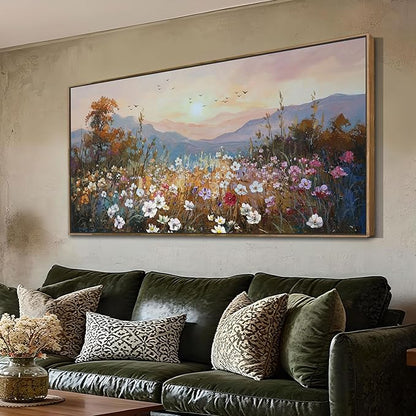Framed Landscape Wall Art Canvas Painting Extra Large Wall Decor for Living Room, Nature Wildflower Picture Scenry Artwork Textured for Bedroom Dining Room Kitchen Home Office 58"x29"