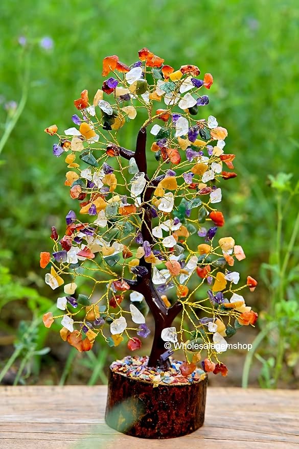 Mix Chakra Crystal Tree with Golden Wire – 7 Chakra Gemstone Bonsai for Energy Healing, Decor & Meditation
