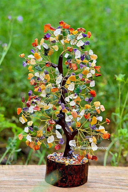 Mix Chakra Crystal Tree with Golden Wire – 7 Chakra Gemstone Bonsai for Energy Healing, Decor & Meditation