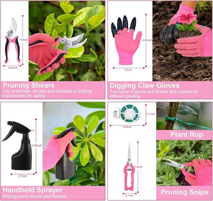 Covacure Gardening Tool Set - 11 Piece Aluminum Alloy Steel Hand Tool Starter Kit with Garden Bag, Outdoor Tool, Heavy Duty Gardening Work Set, Gardening Tools Gift for Women and Men（Pink）