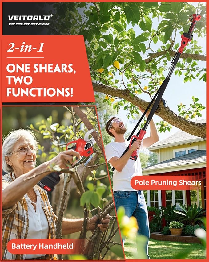 VEITORLD 2-IN-1 Cordless Electric Pole Pruning Shears, 15ft Reach, 1.2" Cutting Diameter, Battery Powered with 2x 2000mAh, Brushless Motor for Efficient Garden Tree Trimming, Branch Cutting（Red）