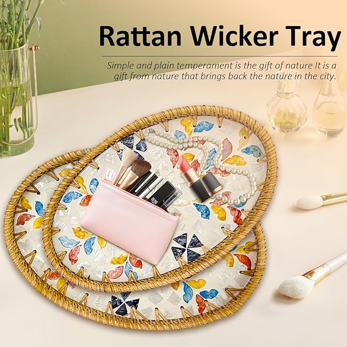 Oval Rattan Tray Bowls, 2 Pack Rattan Wicker Storage Bowls, Decorative Wicker Gift Basket for Serving Fruit Food Bread, Kitchen Counter Organizing