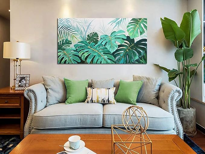 Enartly Palm Green Leaf Canvas Wall Art for Living Room, Monstera Tropical Leaf Painting Jungle Plant Picture Nature Artwork Print Framed Bedroom Hallway Office Home Decor, Large 48"x24"
