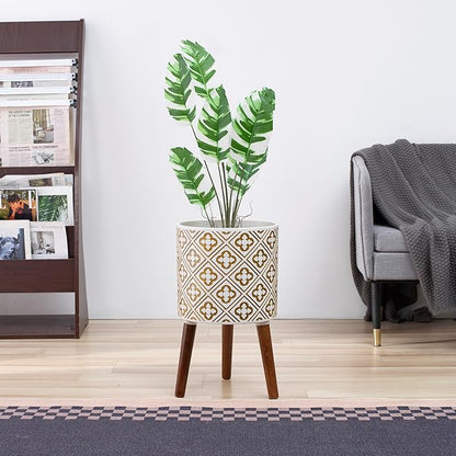 naclto 12 Inch Planter Pot with Stand,Plant Pot for Indoor Plants,Large Modern Flower Pots Indoor Outdoor with Drainage for Home Garden Patio, White and Gold