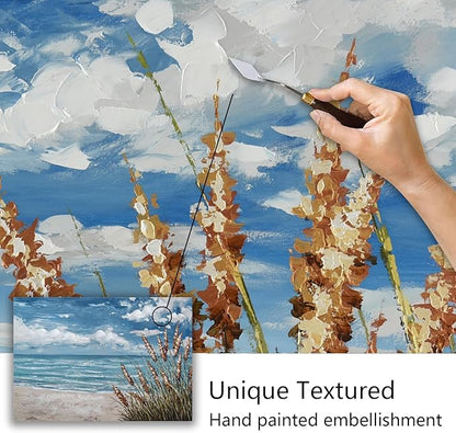 Beach Scene Wall Art, large Blue Ocean Seascape Painting,Seaside weed Coastal Canvas oil Painting Seascape Paintings Coastal Picture Framed Artwork for Living Room Bedroom Office Decor 40" x 28"