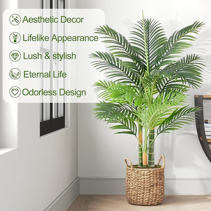 4ft Tall Triple Golden Cane Palm Artificial Tree 48" Large Tropical Palm Tree UV Resistant Fake Tree in Pot for Indoor Outdoor Big House Living Room Outside Patio Office Home Decor 2Pack