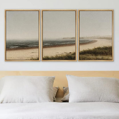 Ashbrook Framed Canvas Print Wall Art Set Misty Beach Horizon Nature Wilderness Illustrations Fine Art Decorative Seascape Horizon Vintage for Living Room, Bedroom, Office - 16"x24"x3 Natural