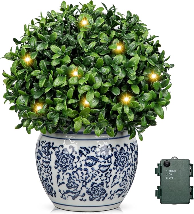 DILATATA Artificial Topiary Boxwood Ball in Blue and White Ceramic Pot, Lighted Artificial Boxwood in Planters 9 Inch Decorative Fake Greenery for Table Centerpiece Indoor Plant Home Decor - Small