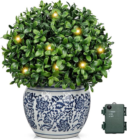 DILATATA Artificial Topiary Boxwood Ball in Blue and White Ceramic Pot, Lighted Artificial Boxwood in Planters 9 Inch Decorative Fake Greenery for Table Centerpiece Indoor Plant Home Decor - Small