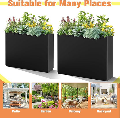 Rectangle Planter for Indoor & Outdoor, Tall and Long Planter Boxes with Drainage Holes, Mental Divider Planter Box All-Weather Use for Plants, Flowers, 35" L x 9" W x 26" H, Black