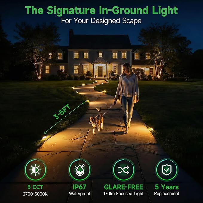Low Voltage LED Well Landscape Lights - 12V Outdoor IP67 Ground Light, 5 Color Temperature Selectable In-Ground Light, ORB Aluminum for Path Backyard House 3W 170LM 8 Pack