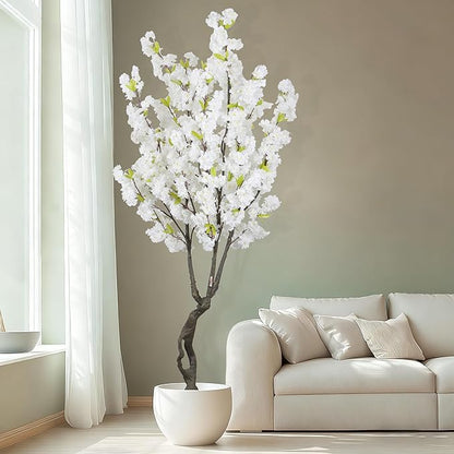 6.23ft Tall White Artificial Cherry Blossom Trees, Realistic Flower Faux Silk Leaves Plant, Fake Cherry Blossom Tree for Home Office Indoor Outdoor Party Wedding Christmas Decor