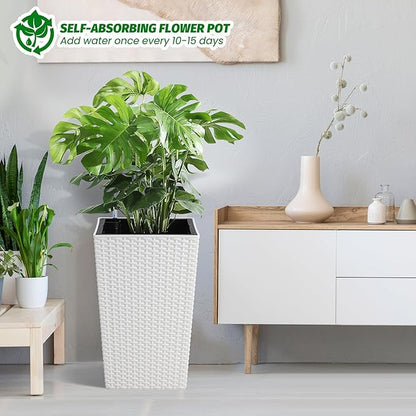 GarveeLife 16 in Tall Planter Set of 2 Large Rattan Flower Pot with 2 Trays & a Water Level Monitor Outdoor and Indoor for Patio, Porch, Living Room, or Home Office, White