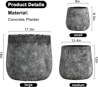 Craft flowerpots 18"+13"+9" Dia Round Concrete Planter Set of 3 Large Outdoor/Indoor Planter Pots Containers with Drainage Holes and Rubber Plug for Home Garden (Dark Gray, Large)