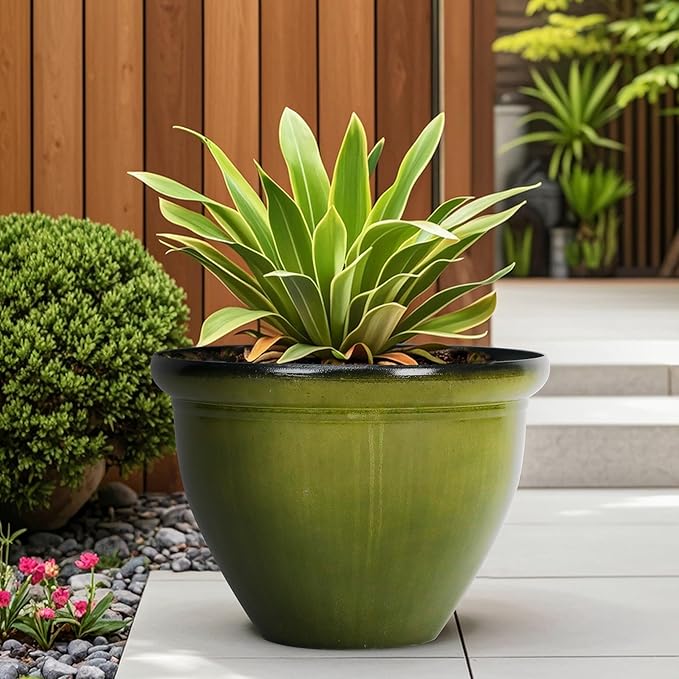 Worth Garden 12-Inch Dia. Round Green Plastic Planters with Drain Holes, 9.5-Inch Height - 4-Pack Glossy Finish Bell-Shaped Plant Pot – Lightweight Indoor/Outdoor Flower Pots