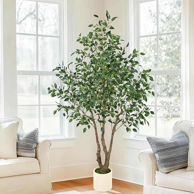 Artificial Ficus Tree 6.5ft - Tall Fake Indoor Tree with Dense Leaves and Realistic Trunks, 78" Faux Tropical Plant Artificial Floor Potted Trees for Home Living Room Office Porch Outdoor Decor