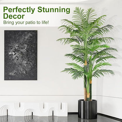 7ft Tall Triple Golden Cane Palm Artificial Tree Large Tropical Palm Tree UV Resistant Fake Plant in Pot for Indoor Outdoor Big House Living Room Outside Patio Office Home Decor 1Pack