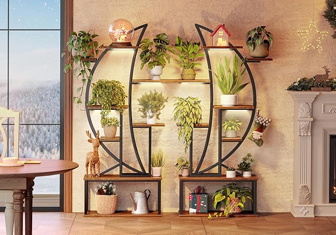 PRAISUN 62 Inch Plant Stand Indoor with Grow Lights, Set of 2, 8 Tiered Plant Shelf with Larger Flower Holder, Half Moon-Shaped Stand with Hook, Wheels, Plant Rack for Living Room, Rustic Brown