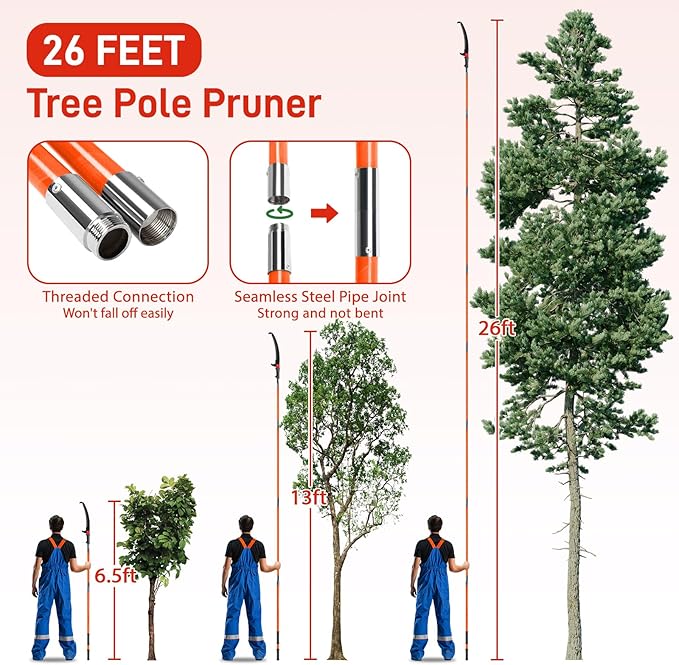 Outvita Manual Pole Saw, 26 Feet Extendable Tree Pruner with Knives and Storage Pocket, Sharp Steel Blade and Scissors High Branches Trimming for Pruning Palms and Shrubs（Orange）