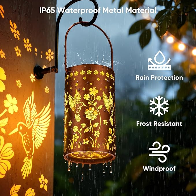 Solar Lanterns Outdoor Waterproof: 2 Pack Hummingbird Decor Valentines Day Gifts for Her - 2 Modes Vintage Metal Hanging Solar Lights for Outside Patio Porch - Gardening Gifts for Women Mom