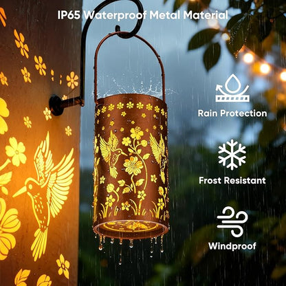 Solar Lanterns Outdoor Waterproof: 2 Pack Hummingbird Decor Valentines Day Gifts for Her - 2 Modes Vintage Metal Hanging Solar Lights for Outside Patio Porch - Gardening Gifts for Women Mom
