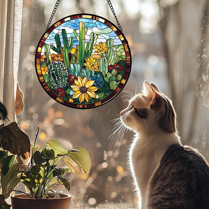 Stained Glass Window Hanging Green Cactus with Yellow Flowers Large 11.8" - Suncatcher Door Garden Sun Catcher Home Decor Birthday Christmas for Mom Men Woman Friend Nana