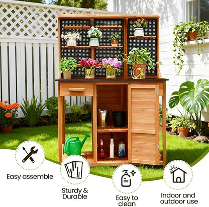 Outdoor Garden Potting Bench, Horticultural Wooden Workstation Table with Storage Drawer, Cabinet, Metal Pegboard, Adjustable Hooks and Shelves for Backyard, Patio, Greenhouse