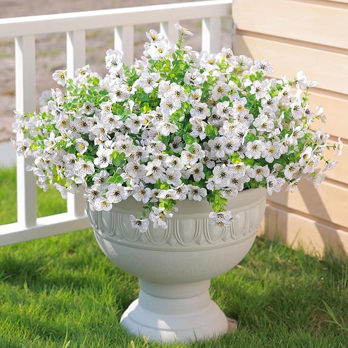 mizii Artificial Flowers for Outdoors 20 Bundles Realistic Faux Silk Flower UV Resistant Fake Plants Outside Decorations for Patio Garden Balcony Yard Porch Summer Indoor Home Decor (White)