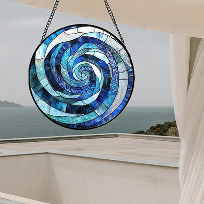 Stained Glass Window Hanging - Blue Abstract Swirl Suncatcher for Doors Garden Patio Unique Sun Catchers Decor Christmas Mother's Day Birthday Gifts for Women Men Mom Nana Friend 11.8 in