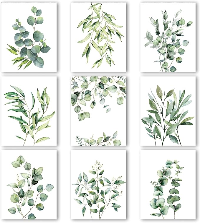 Zonon 9 Pcs Botanical Plant Wall Prints Eucalyptus Wall Decor, 10" x 8" Boho Sage Green Leaves Decoration Posters, Unframed Minimalist Watercolor Art Prints for Bathroom Living Bedroom Kitchen