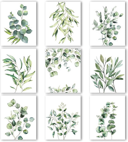 Zonon 9 Pcs Botanical Plant Wall Prints Eucalyptus Wall Decor, 10" x 8" Boho Sage Green Leaves Decoration Posters, Unframed Minimalist Watercolor Art Prints for Bathroom Living Bedroom Kitchen