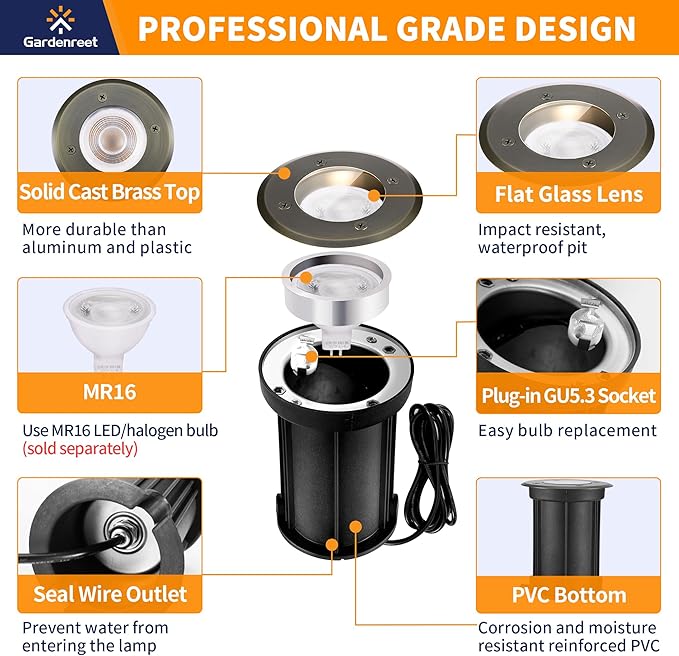 Gardenreet MR16 Well Light - Solid Brass Weatherproof Replaceable Bulb Low Voltage Inground Lighting, LED Electric 12V Fixture, Antique Bronze for Patio Wall Yard Without MR16 Bulb