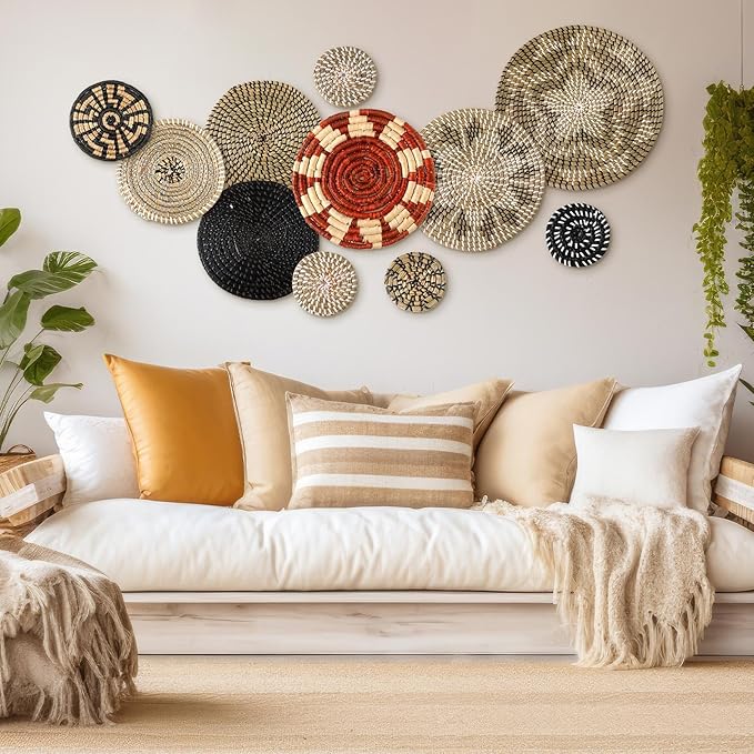 Tatuo 11 Pcs Boho Wall Basket Decor Decorative Bulrush Woven Basket Wall Decor Art Round Farmhouse Hanging Baskets for Kitchen Rustic Home Summer Decorations, Multi Sizes (Dark)