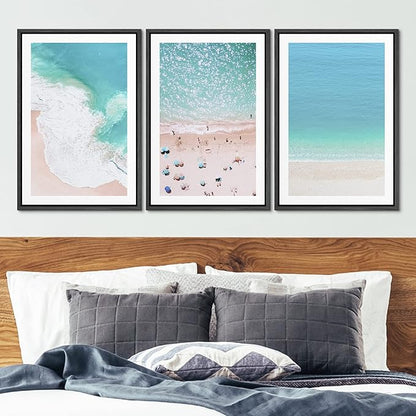 Ashbrook Framed Wall Art Print Set Aerial View Nautical Beach Ocean Wave View Nature Wilderness Photography Modern Art Scenic Colorful Chic for Living Room, Bedroom, Office - 16"x24"x3 Black