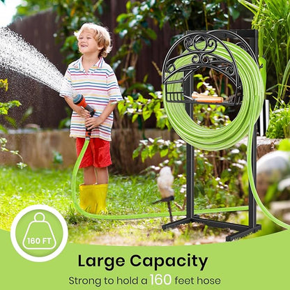 TomCare Garden Hose Holder Upgraded Water Hose Holder with Storage Basket Heavy Duty 4 Spikes Hose Hanger Holds 160 Feet Hoses Stable Freestanding Hose Storage Organizer for Outside Yard
