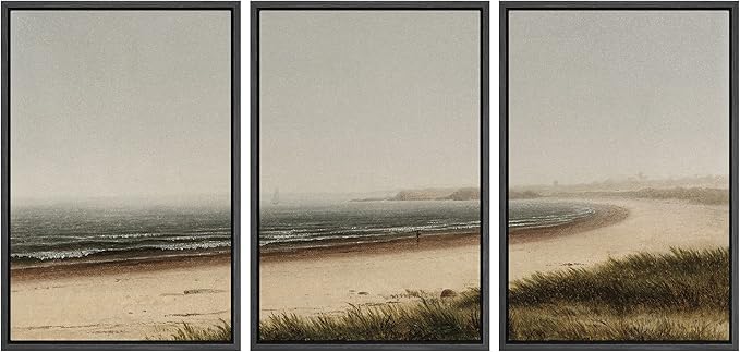 Ashbrook Framed Canvas Print Wall Art Set Misty Beach Horizon Nature Wilderness Illustrations Fine Art Decorative Seascape Horizon Vintage for Living Room, Bedroom, Office - 16"x24"x3 Black