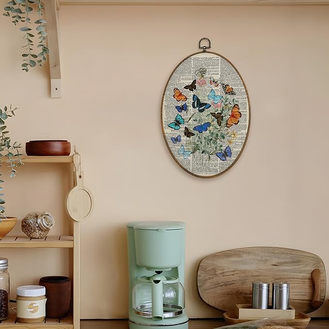 LKETW Vintage Butterfly Oval Wall Art Decor, Cottagecore Butterfly Floral Botanical Oval Canvas Hanging Decor, Retro Nature Moth Insect Wall Decorations for Home Bedroom Living Room, 8.6x11.4 Inch
