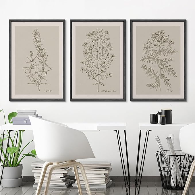 Ashbrook Framed Canvas Print Wall Art Set Duotone Vintage Flowers Nature Wilderness Illustrations Modern Art Decorative Floral Botanical Minimal Calm/Relax/Cozy for Bedroom - 24"x36"x3 BLACK