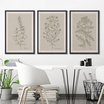 Ashbrook Framed Canvas Print Wall Art Set Duotone Vintage Flowers Nature Wilderness Illustrations Modern Art Decorative Floral Botanical Minimal Calm/Relax/Cozy for Bedroom - 24"x36"x3 BLACK